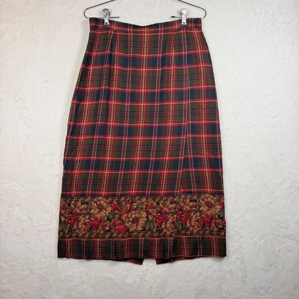 Talbots Petites 12 Plaid Floral Border Faux Wrap Maxi Skirt Red Green Lined